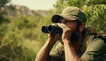 A bearded man using binoculars to observe his surroundings AI Generated photo