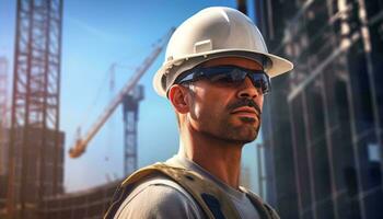 A man wearing a hard hat and sunglasses AI Generated photo