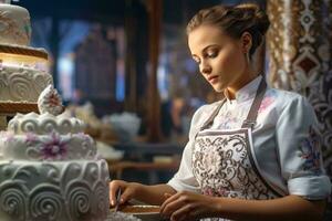 A woman in an apron decorating a cake AI Generated photo