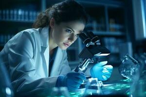 un mujer en un laboratorio Saco examinando un muestra mediante un microscopio ai generado foto