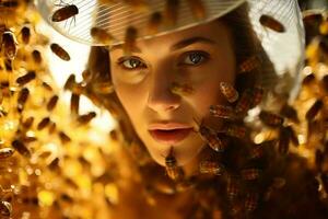 A woman wearing a white hat surrounded by bees AI Generated photo