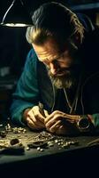 A bearded man crafting a beautiful piece of jewelry with meticulous attention to detail AI Generated photo