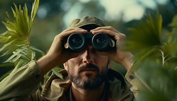 un hombre observando naturaleza con prismáticos en un lozano bosque ai generado foto
