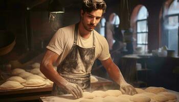 A man kneading dough in a busy kitchen AI Generated photo