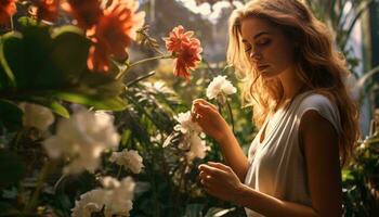 A woman holding a flower in a greenhouse AI Generated photo