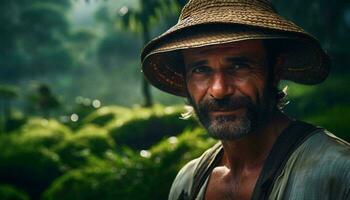 un hombre vistiendo un sombrero en el selva ai generado foto