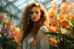 A woman with flowing hair standing amidst a vibrant garden of flowers AI Generated photo