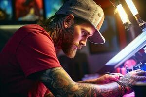 un hombre trabajando en un proyector con un tatuado brazo ai generado foto