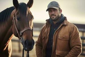 A man standing next to a brown horse in a field AI Generated photo