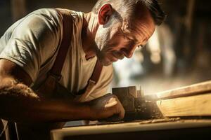 un hombre tallado madera con un cincel en un taller ai generado foto
