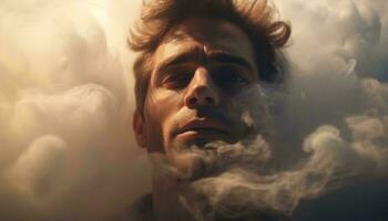 A man smoking a cigarette in a cloud of smoke AI Generated photo