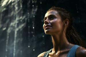 A woman enjoying a refreshing shower of water AI Generated photo