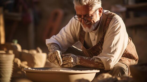 A man sculpting a bowl out of clay AI Generated photo