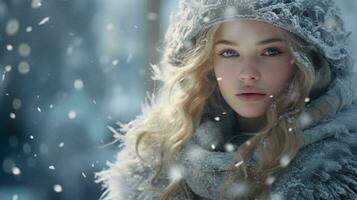 un elegante mujer en un invierno Saco y sombrero ai generado foto