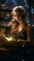 A woman engrossed in a book in a tranquil library setting AI Generated photo