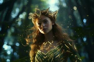 un mujer vistiendo un oro vestir y corona en pie en un místico bosque ai generado foto