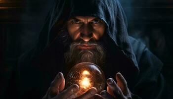 A wizard holding a crystal ball AI Generated photo