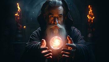 A wizard holding a glowing orb in a mystical pose AI Generated photo