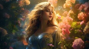 A woman in a blue dress surrounded by flowers AI Generated photo