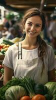 A woman posing with a vibrant display of fresh vegetables at a farmers market AI Generated photo