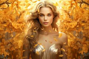 A woman in a golden dress surrounded by leaves AI Generated photo