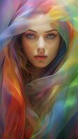 A vibrant and expressive painting of a woman adorned with a colorful scarf AI Generated photo