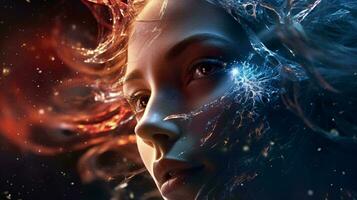 A woman's face surrounded by contrasting elements of fire and ice AI Generated photo