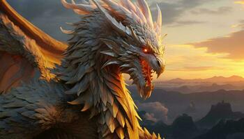 A majestic white dragon silhouetted against a vibrant sunset AI Generated photo