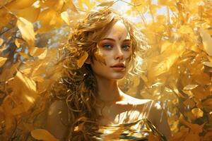 un maravilloso retrato de un mujer adornado en un cautivador dorado vestir ai generado foto