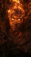 A man with fiery eyes and flames engulfing his face AI Generated photo