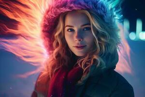 A woman wearing a stylish fur hat and scarf AI Generated photo