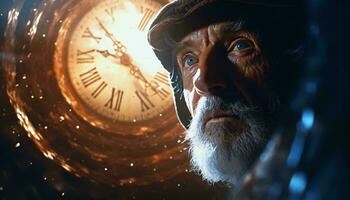 un hombre con un sombrero y barba en pie en frente de un reloj ai generado foto