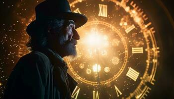 un hombre con un sombrero y barba en pie en frente de un reloj ai generado foto