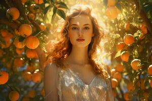 A woman standing in front of a vibrant orange tree AI Generated photo