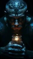 A tattooed man holding a jar with a candle in it AI Generated photo