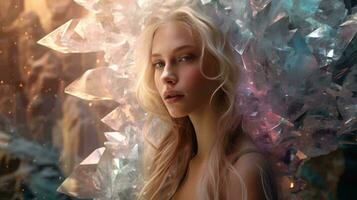 A woman with long blonde hair in front of a mesmerizing wall of crystals AI Generated photo