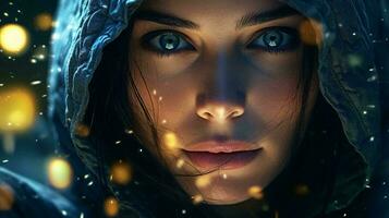 A woman with captivating blue eyes and a stylish hooded jacket AI Generated photo