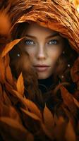 A woman with captivating blue eyes wearing a stylish brown hat AI Generated photo