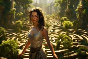 A woman exploring a maze and finding her way through the twists and turns AI Generated photo