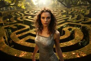 A woman standing in front of a maze AI Generated photo