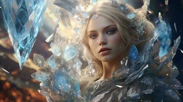 un mujer con cautivador azul ojos rodeado por espumoso cristales ai generado foto