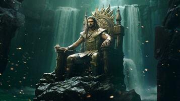 A man sitting on a throne in front of a majestic waterfall AI Generated photo