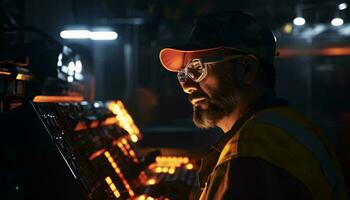 A man wearing a hard hat and safety glasses operating a machine AI Generated photo