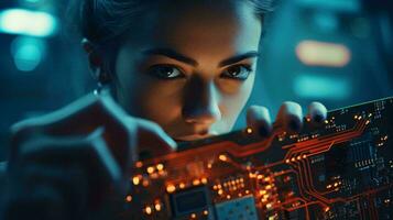 A woman holding a circuit board in her hands AI Generated photo