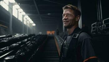 A man standing in front of a conveyor belt in a factory AI Generated photo