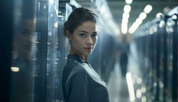 A woman standing in a modern server room AI Generated photo