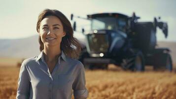 A woman standing in a wheat field in front of a tractor AI Generated photo
