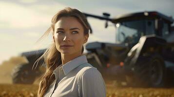 A woman standing in front of a tractor in a fiel AI Generated photo