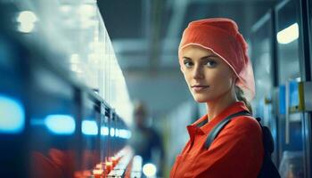 un mujer vistiendo un rojo camisa y sombrero ai generado foto