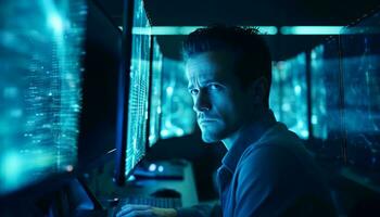 A man sitting in front of a computer monitor AI Generated photo